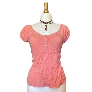 No Boundaries Y2K Crochet Lace Babydoll Top Short Sleeve Small Coral Pink Boho